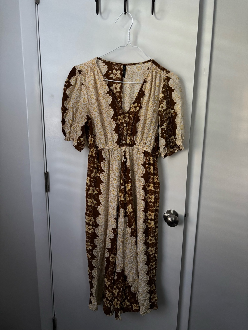 Boho Floral Paisley 70s Inspired Brown and Cream Faux Button Up Maxi Dress